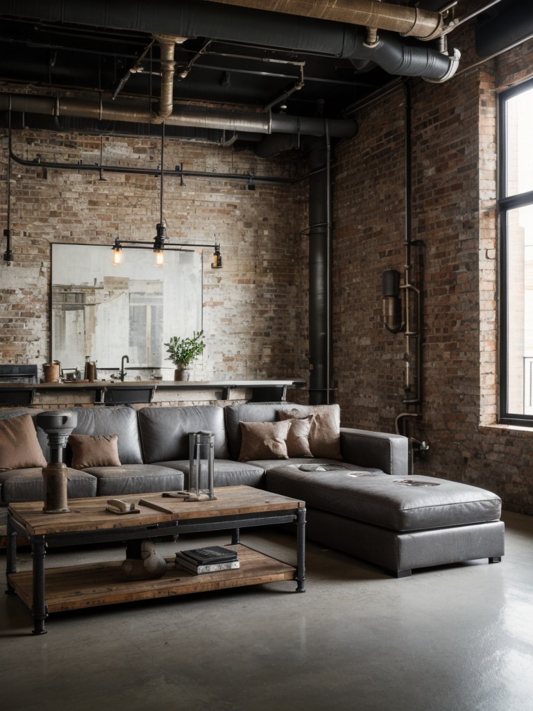 Industrial chic apartment design using distressed furniture, exposed pipes, and salvaged materials for a stylish and unconventional look.