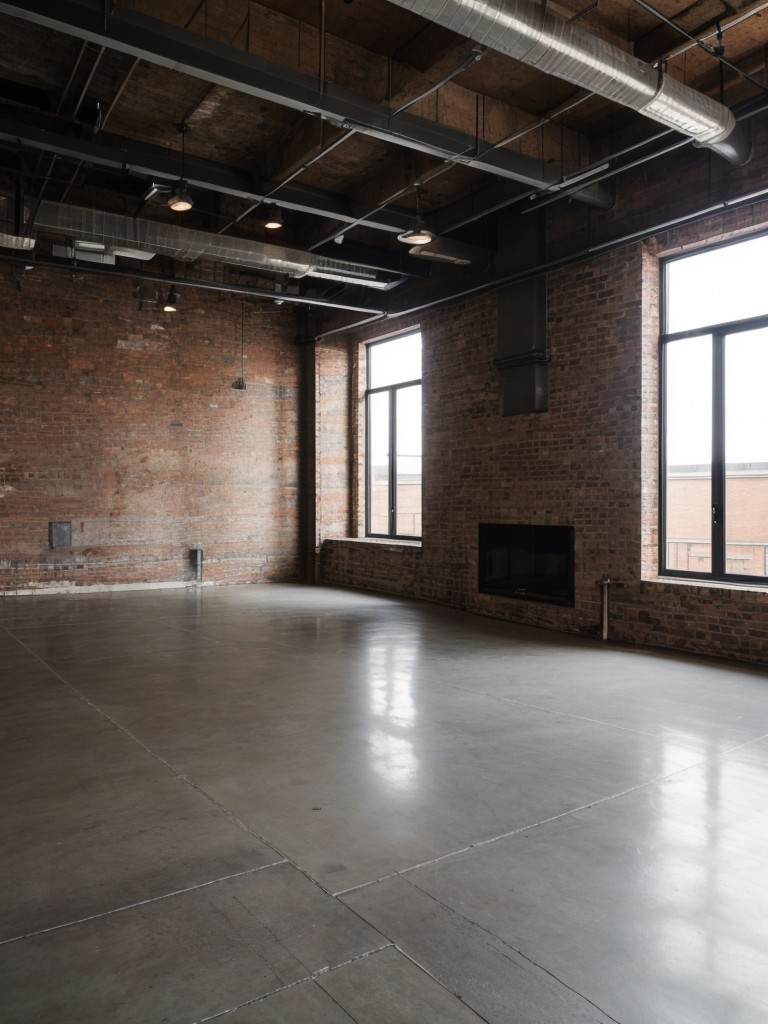 Industrial loft apartment design with exposed brick walls, metal accents, and open floor plan, adding a raw and edgy feel to the space.