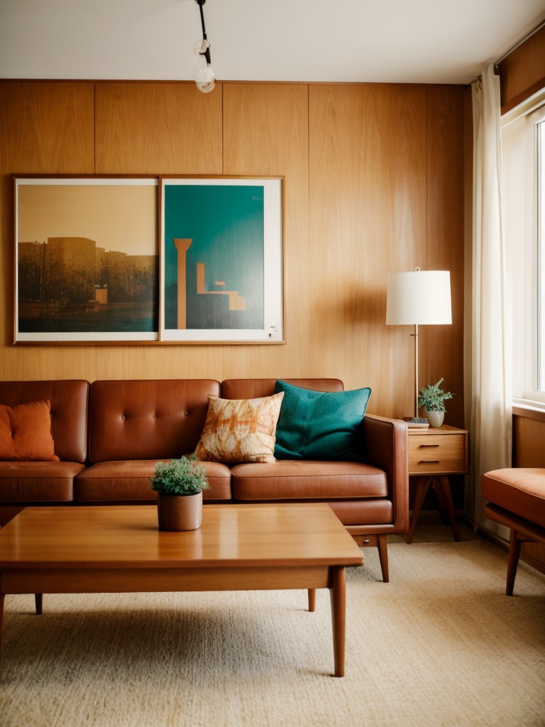 Mid-century modern apartment style featuring organic shapes, vintage furniture, and warm color tones, evoking a sense of nostalgia and retro charm.