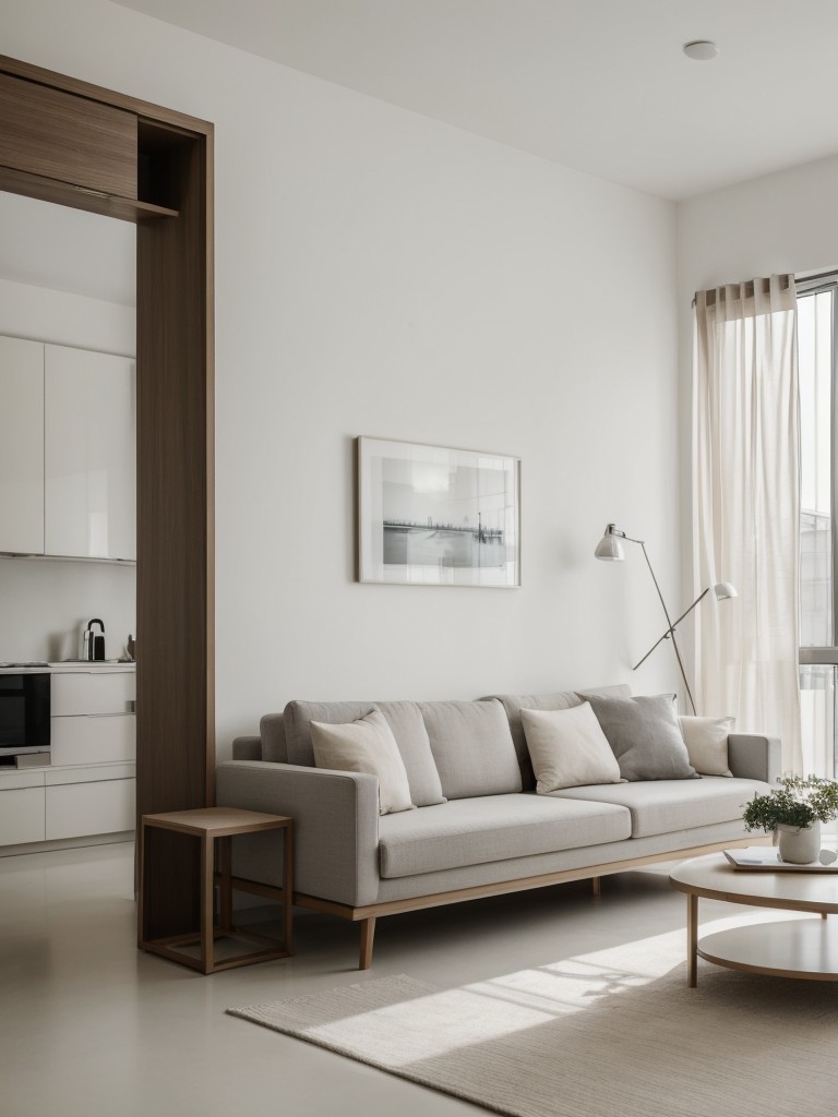 Minimalist apartment design with clean lines, neutral color palette, and functional furniture to maximize space efficiency.