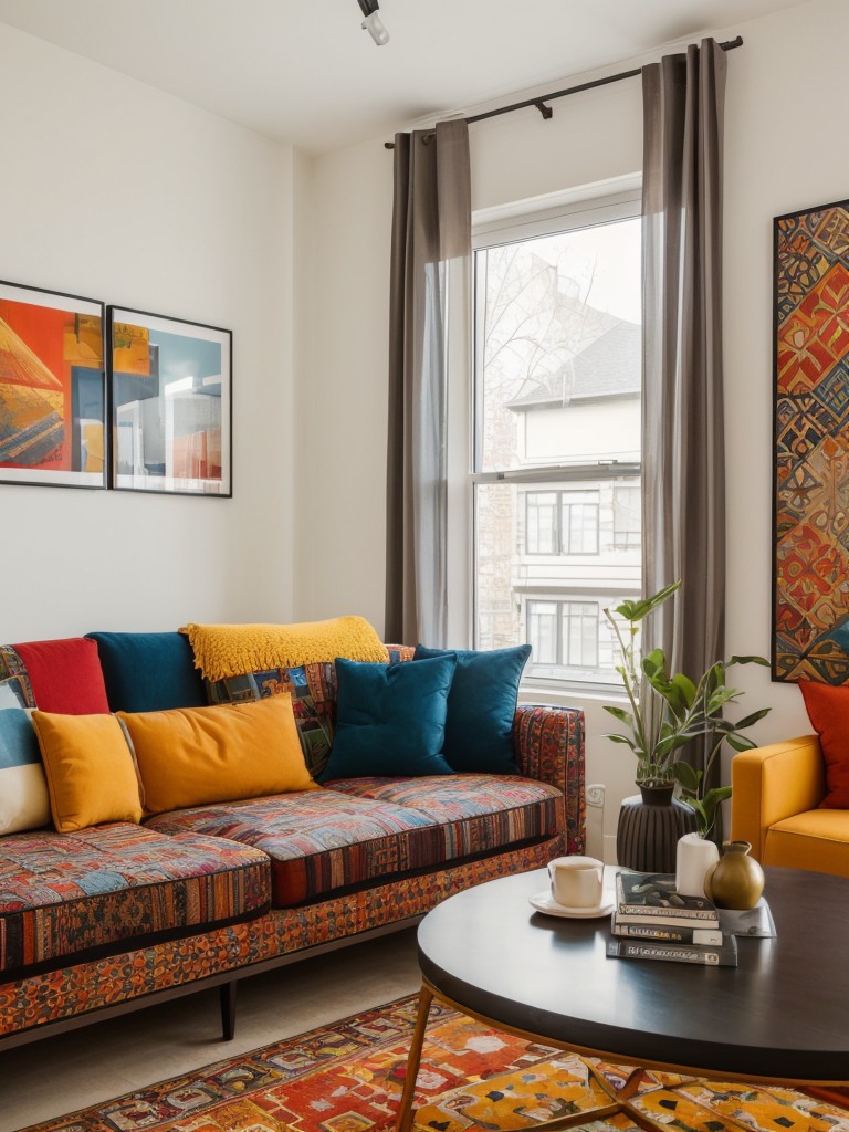 Modern eclectic apartment decor combining different design styles, mixing patterns, and using bold colors for a vibrant and unique ambiance.