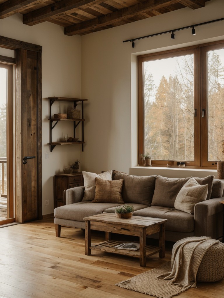 Rustic apartment design incorporating wooden furniture, earthy color tones, and cozy textiles, creating a warm and inviting atmosphere.