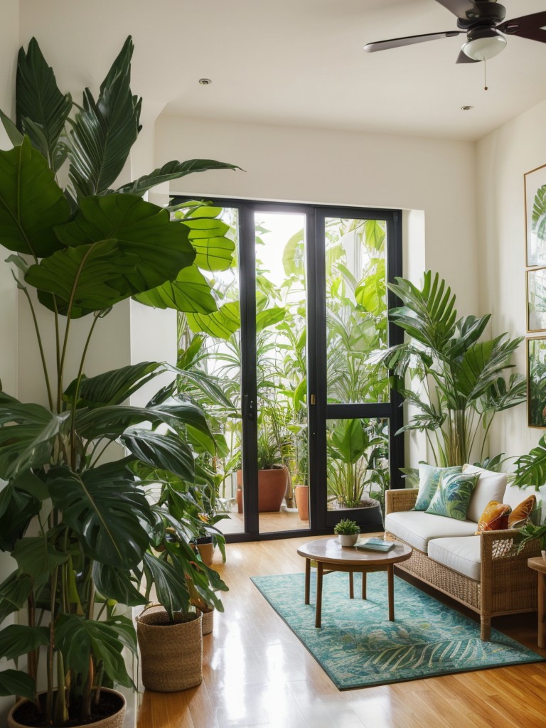 Tropical-inspired apartment with vibrant colors, natural textures, and lush indoor plants, creating a serene and refreshing space.