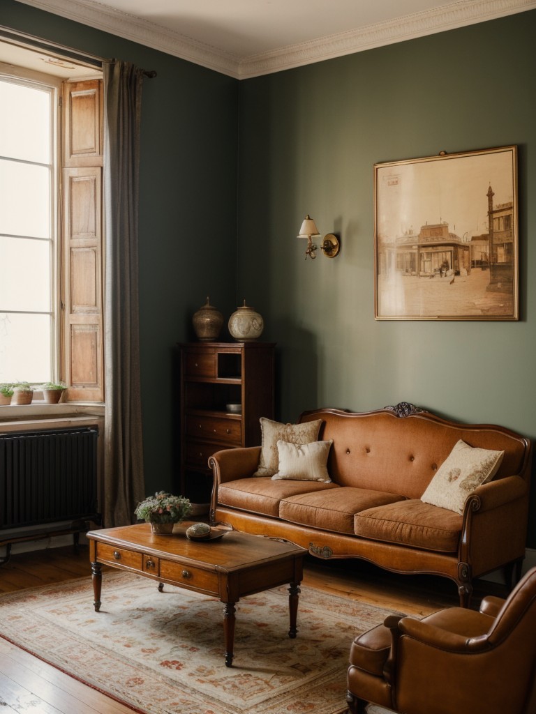 Vintage apartment style using antique furniture, vintage accessories, and warm color tones to evoke nostalgia and charm.