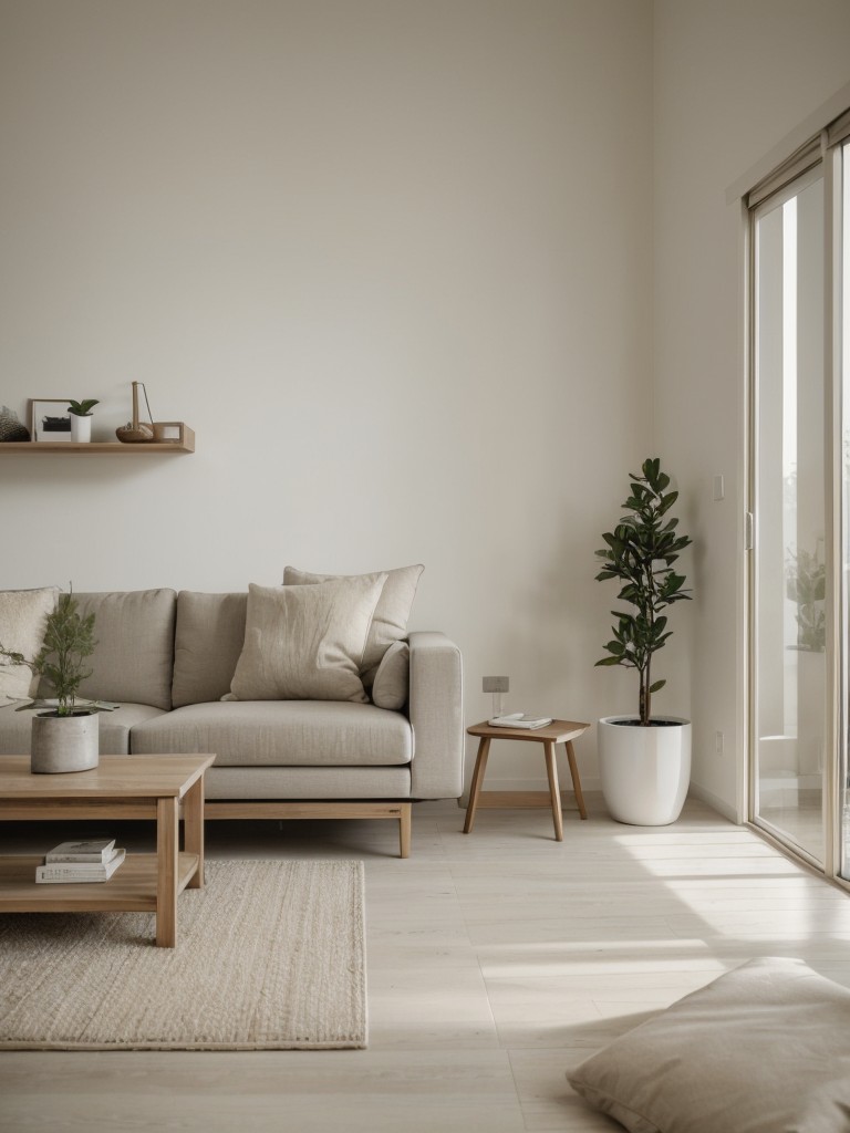 Zen-inspired apartment ambiance with minimalist furniture, neutral color palette, and natural materials, creating a serene and peaceful living space.