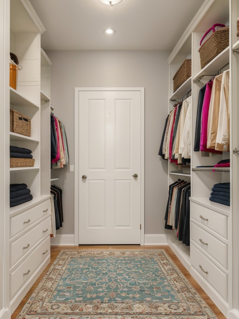 Add a pop of color to your walk-in closet by painting the walls or adding colorful accents like a vibrant rug or statement chair.