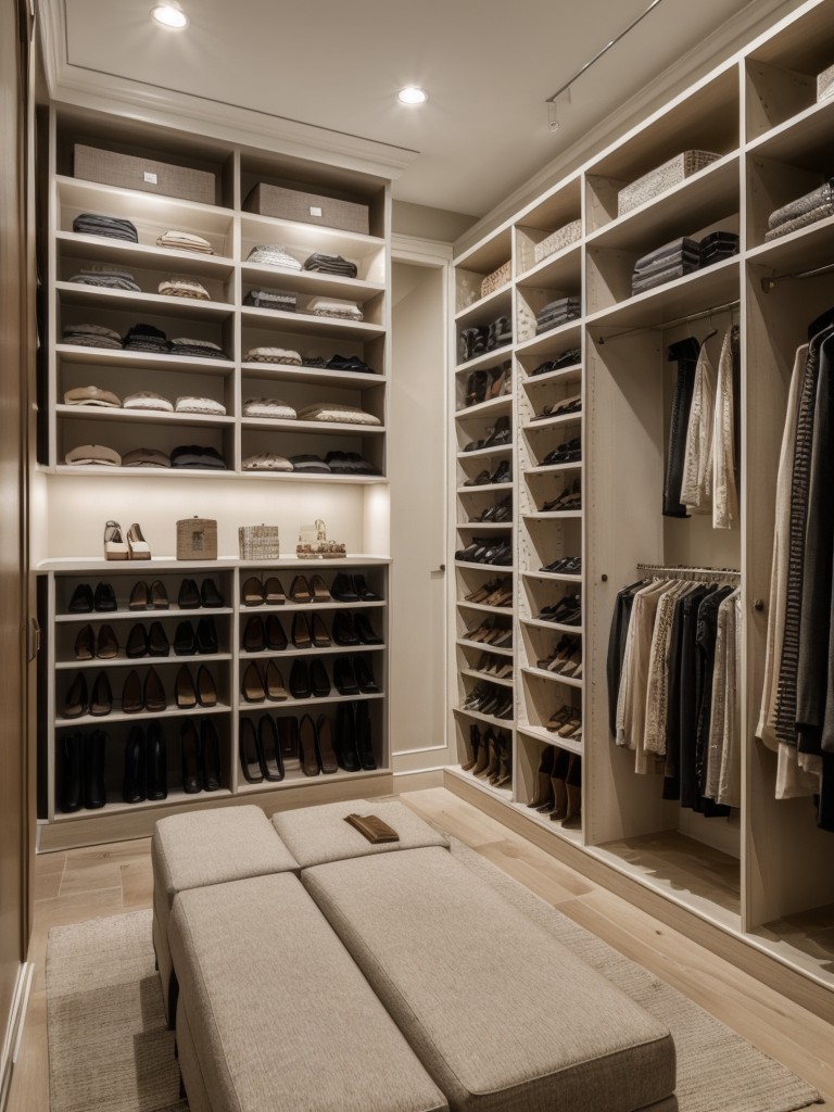 Create a boutique-inspired walk-in closet by incorporating fashionable details like a cozy seating area, statement lighting, and a display space for accessories.