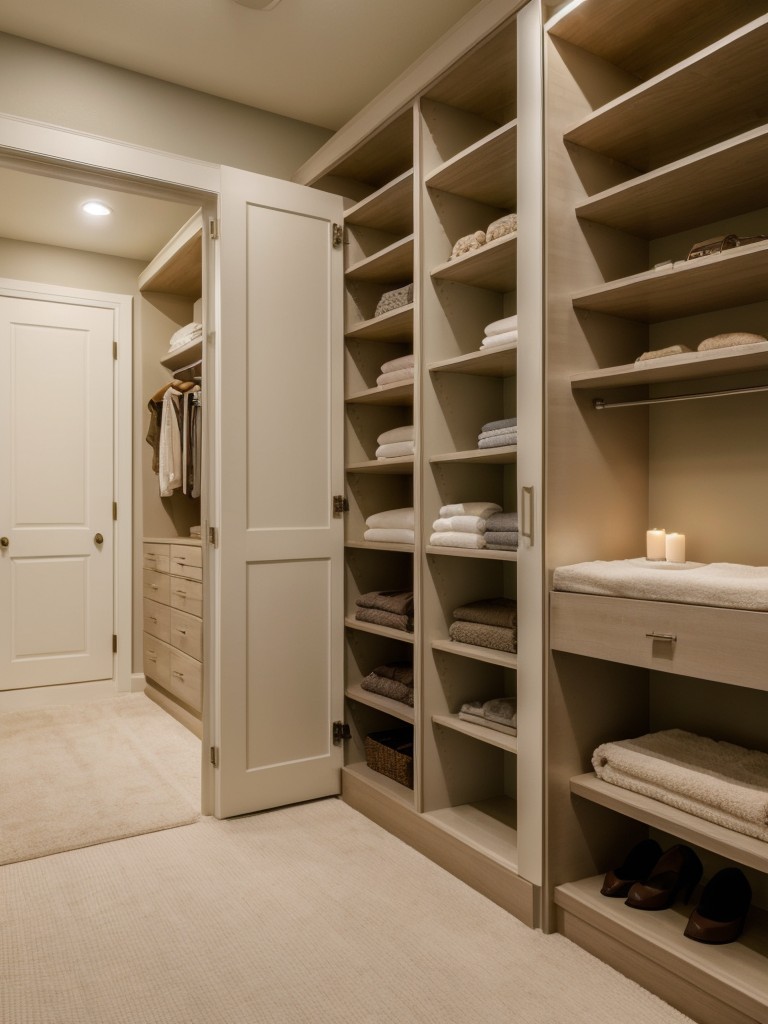 Create a spa-like atmosphere in your walk-in closet by incorporating serene colors, soft lighting, and plush seating for a cozy retreat.