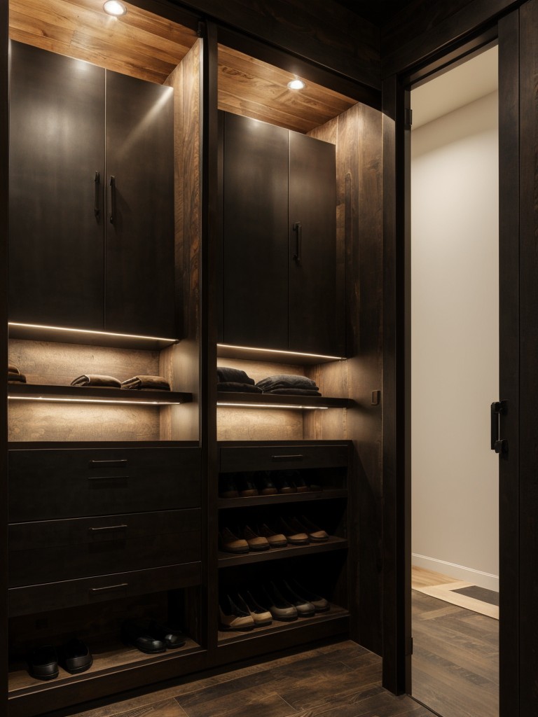 Design a walk-in closet with a masculine touch by incorporating dark wood finishes, industrial lighting, and rugged materials like leather and metal.