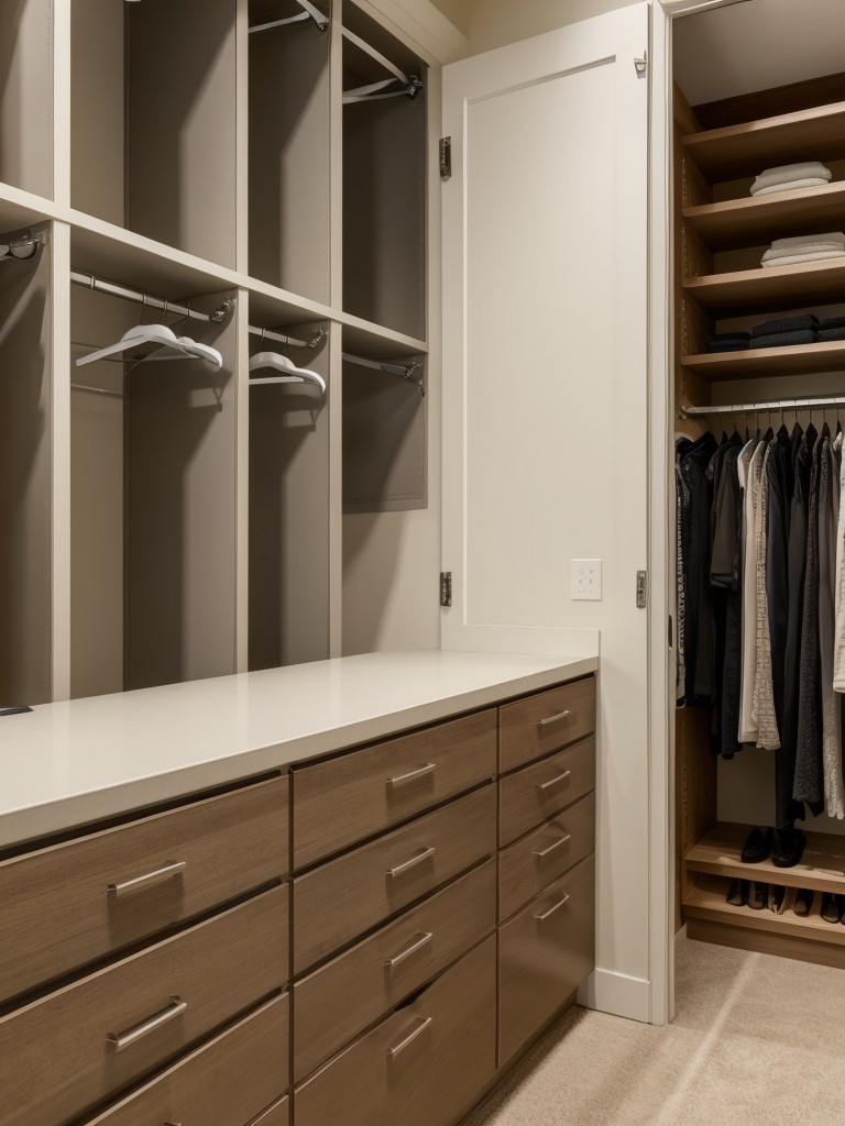 Enhance the functionality of your walk-in closet by adding a central island with drawers and a countertop for folding clothes or displaying accessories.