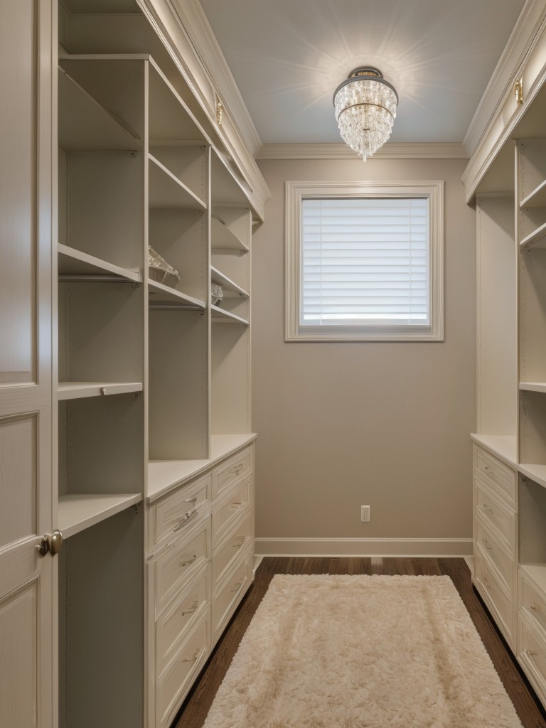 Experiment with different lighting options in your walk-in closet, such as recessed lighting, LED strips, or even a crystal chandelier for a touch of luxury.