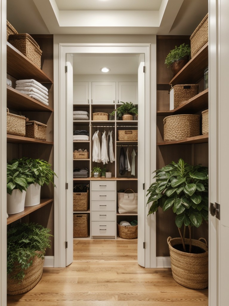 Incorporate natural elements into your walk-in closet design, such as wood accents, potted plants, and woven baskets, to create a calming and organic atmosphere.