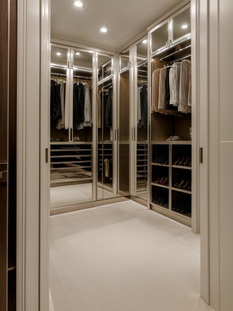 Incorporate a sense of glamour and sophistication into your walk-in closet design with mirrored doors, crystal knobs, and velvet hangers.