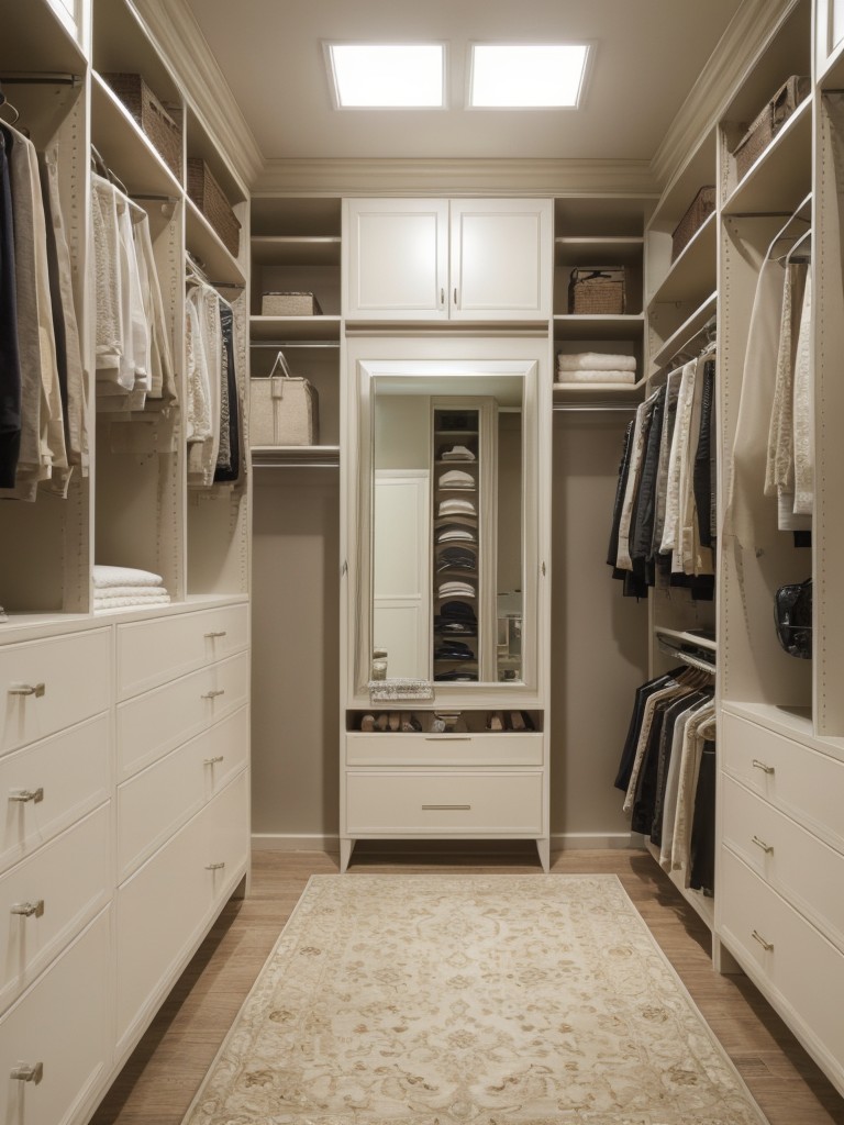 Infuse your walk-in closet with a touch of elegance by using textured wallpaper, mirrored accents, and a plush area rug.