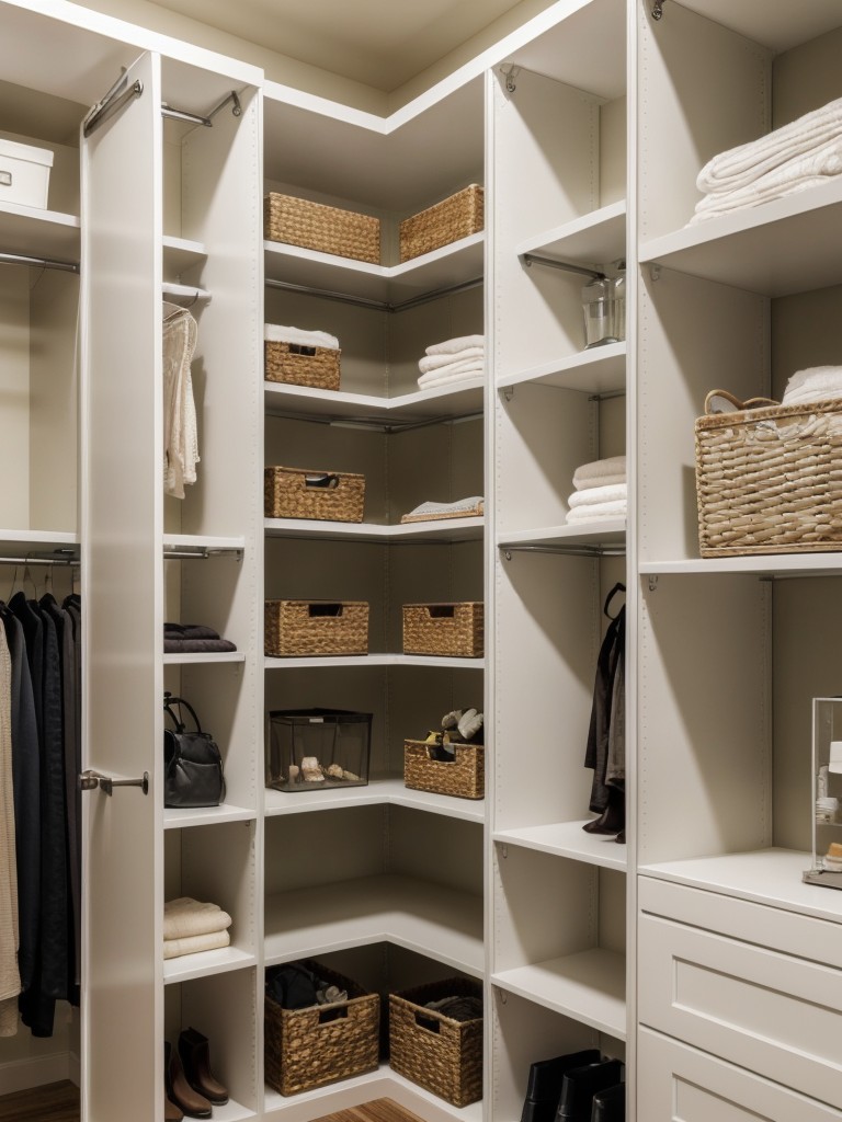 Make the most of a small walk-in closet with space-saving solutions like matching storage bins, stackable shelves, and hanging hooks.