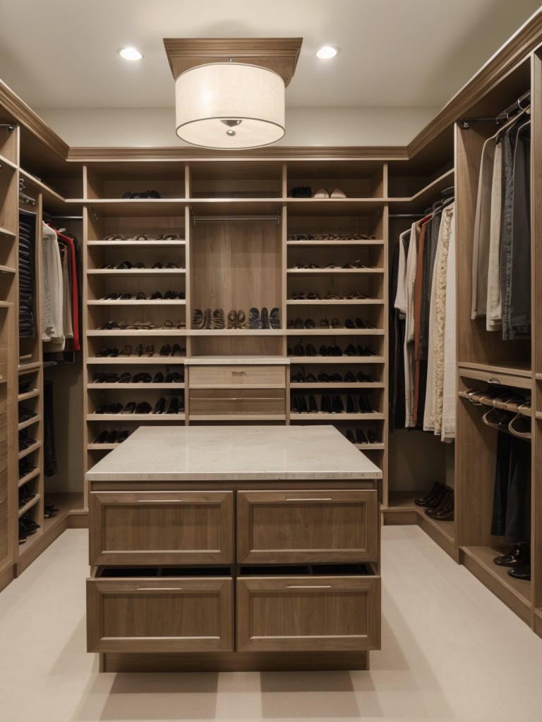 Maximize the functionality of your walk-in closet with clever storage solutions such as shoe racks, jewelry organizers, and pull-out valet rods.