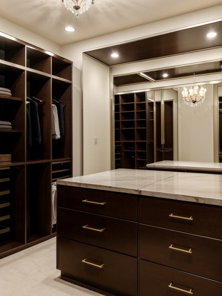 Transform your walk-in closet into a luxurious dressing room with built-in cabinetry, a glamorous chandelier, and a full-length mirror.