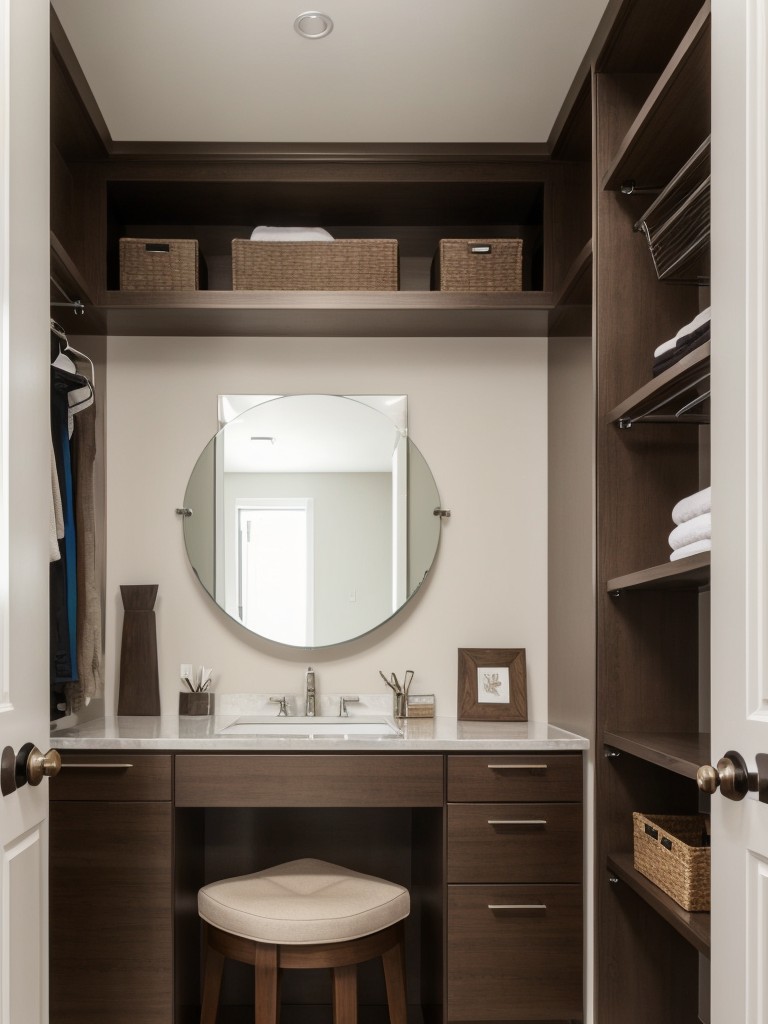 Transform your walk-in closet into a multi-purpose space by incorporating a small desk or vanity area for getting ready in the mornings.