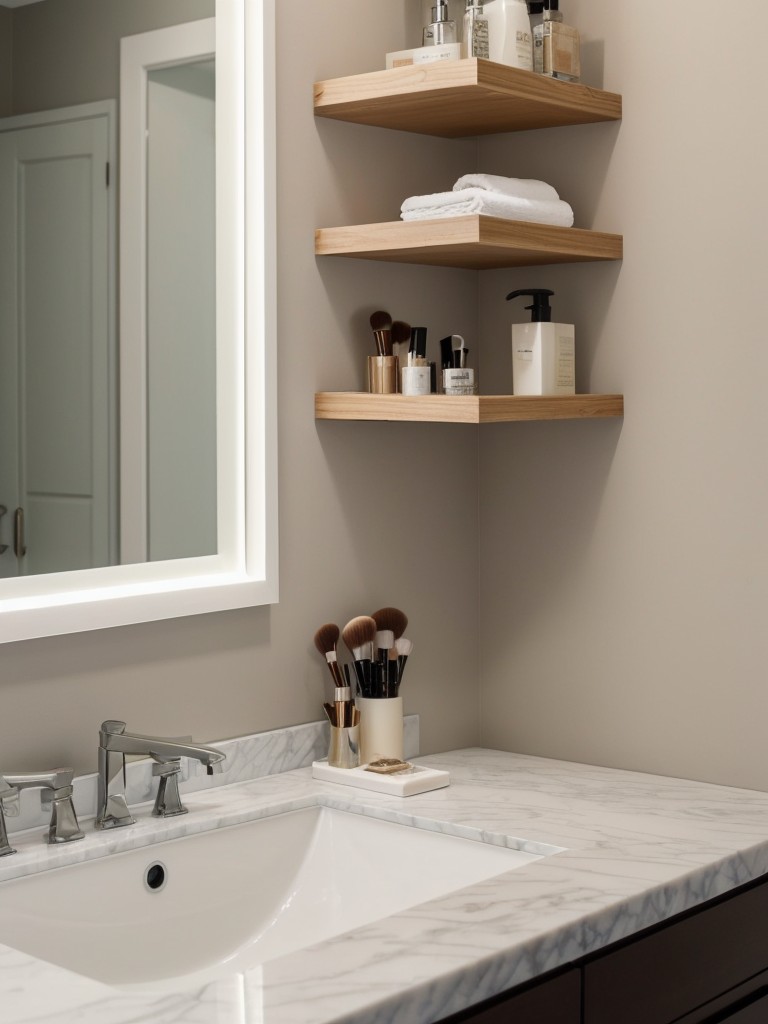 Incorporate a small vanity or floating shelf for applying makeup, styling hair, or storing grooming essentials.