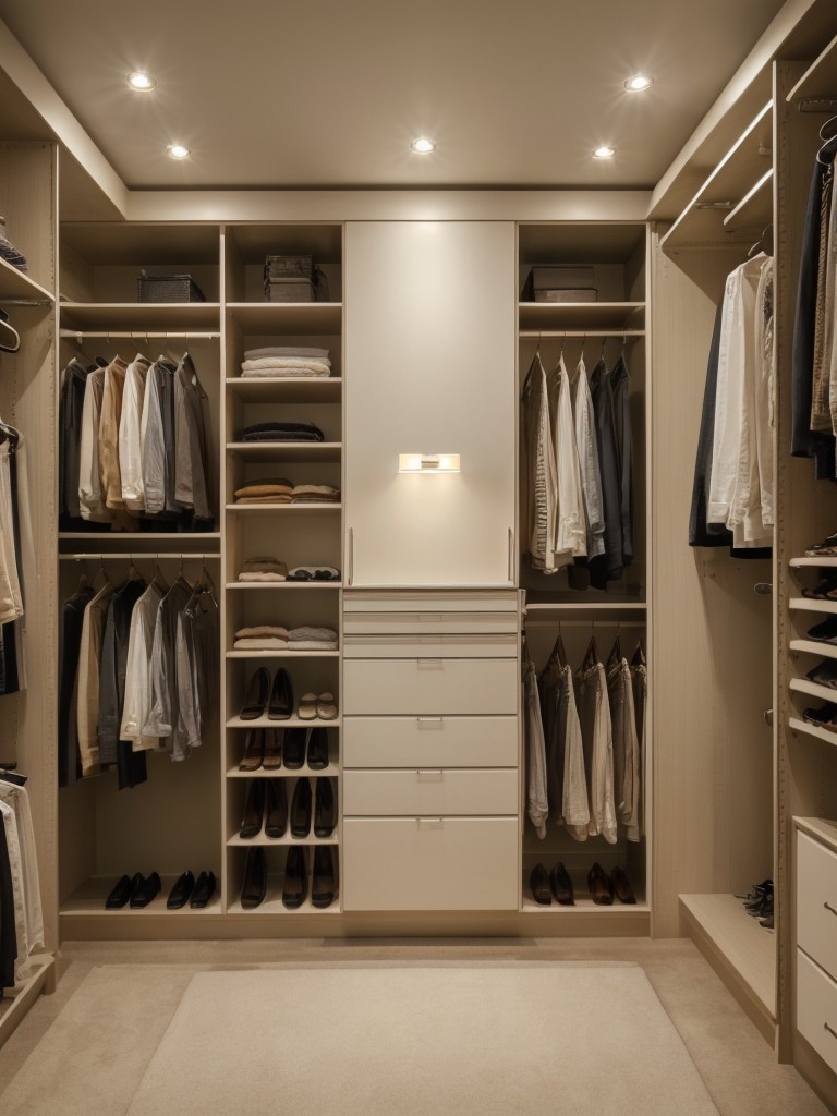 Integrate proper lighting fixtures such as LED strip lights or overhead spotlights to illuminate your walk-in closet and make it feel more inviting.