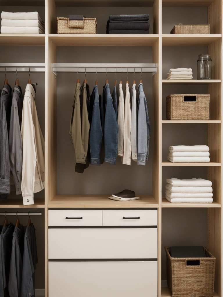 Use adjustable shelves and hanging rods to accommodate changing needs and seasonal clothing.