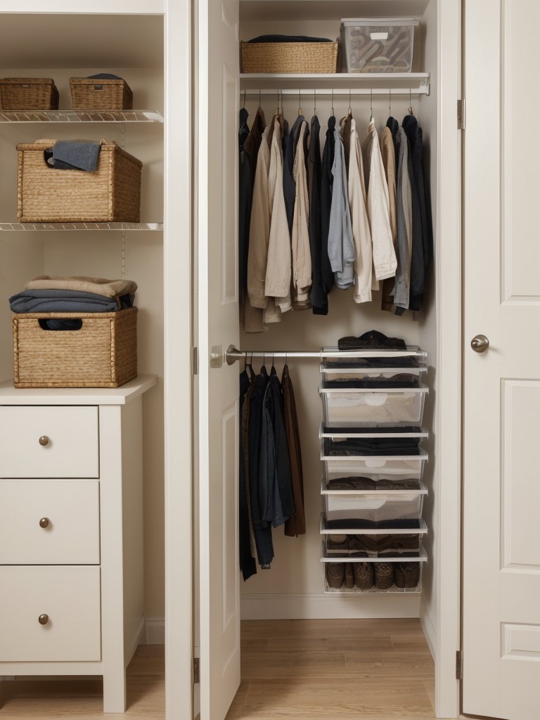 Utilize the back of the closet door by installing hooks or a small hanging shelving unit for additional storage.