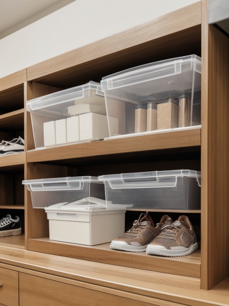 Utilize clear or transparent shoe boxes to keep your footwear organized, visible, and protected.