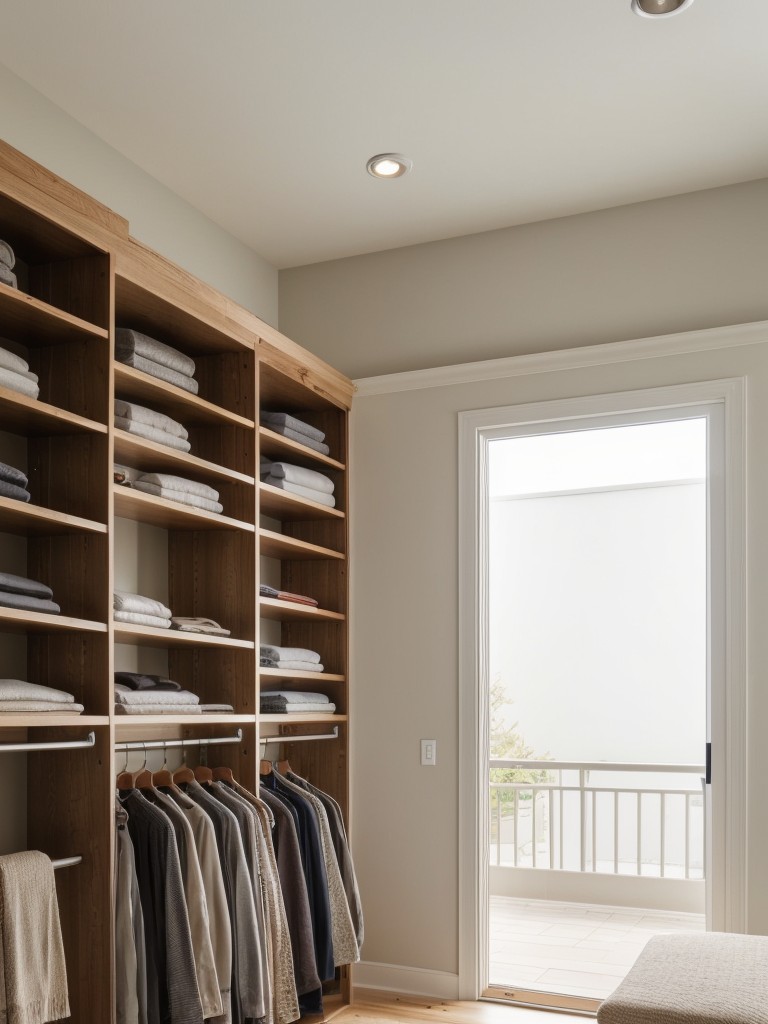 Utilize vertical space by installing floor-to-ceiling shelves and clothing racks for maximum storage.