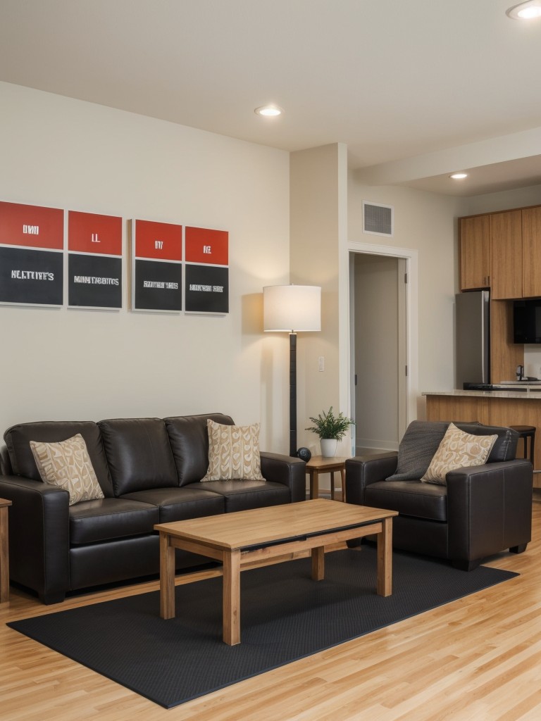 Athletic-themed men's apartment living room with gym equipment, motivational wall art, and comfortable seating for an active and fitness-oriented lifestyle.