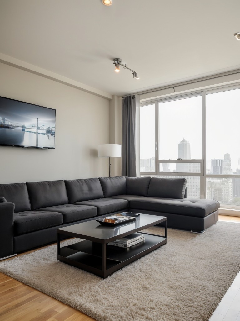 Contemporary bachelor pad men's apartment living room with a large sectional sofa, sleek entertainment center, and high-tech gadgets for an upscale and luxurious setting.