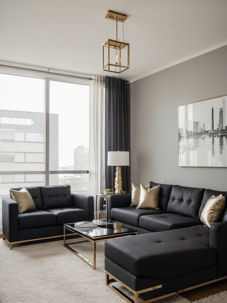 Contemporary men's apartment living room with sleek furniture designs, metallic accents, and bold statement pieces for a modern and sophisticated look.