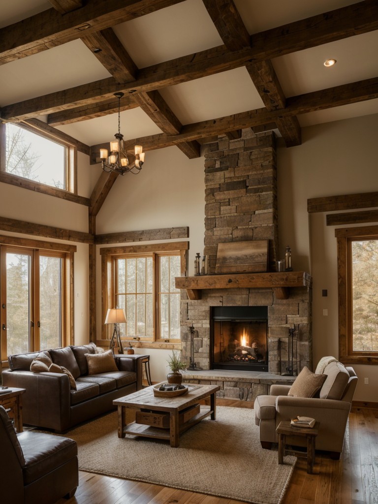 Cozy and rustic men's apartment living room with exposed beams, a stone fireplace, and warm earth tones for a welcoming and comfortable ambiance.