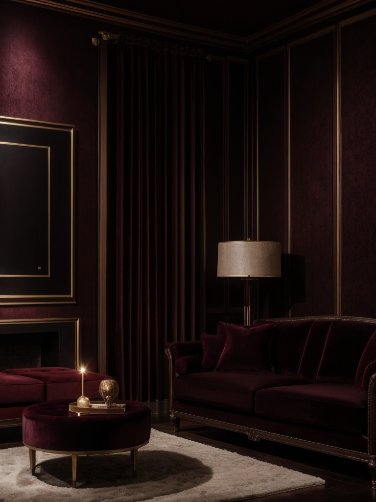 Dark and moody men's apartment living room with deep burgundy walls, plush velvet seating, and dramatic lighting for a luxurious and mysterious atmosphere.