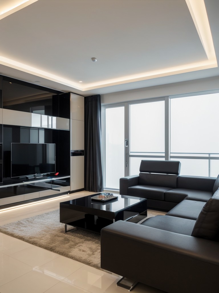 Futuristic men's apartment living room with innovative furniture designs, neon lighting, and high-gloss finishes for an ultra-modern and avant-garde look.