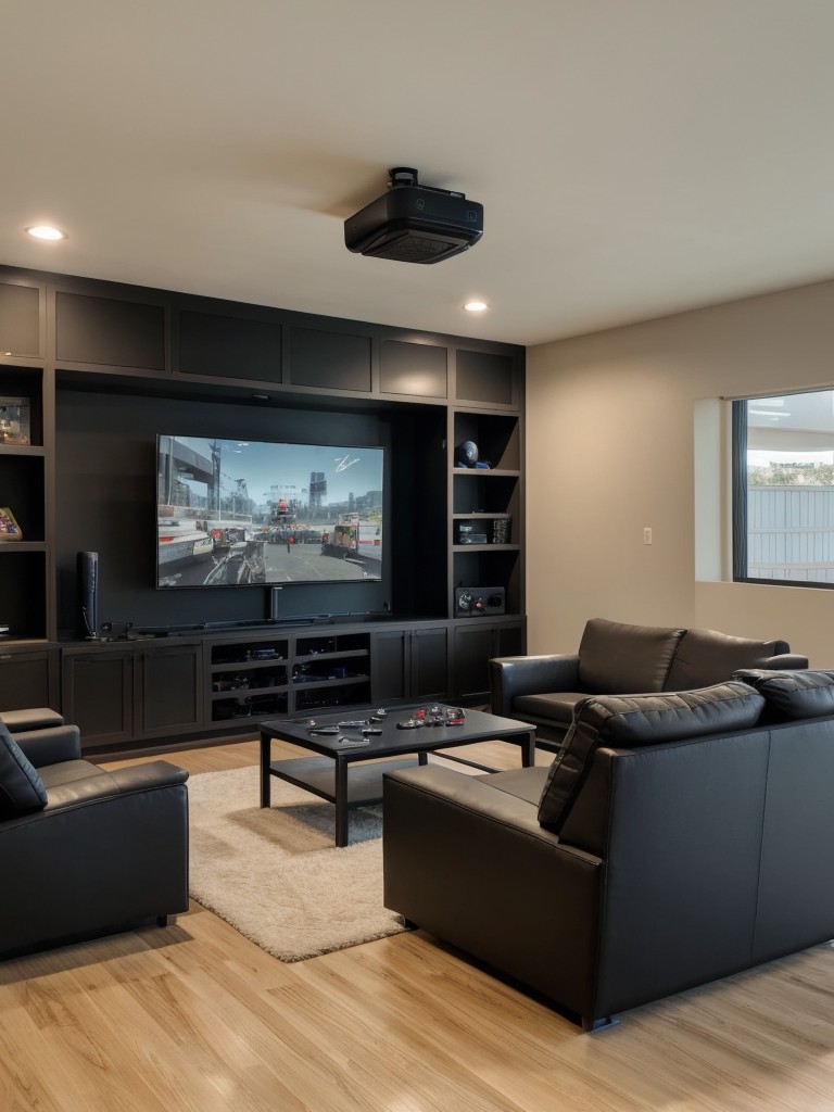 Gamer's paradise men's apartment living room with gaming consoles, comfortable bean bags, and immersive virtual reality setups for an ultimate gaming experience.