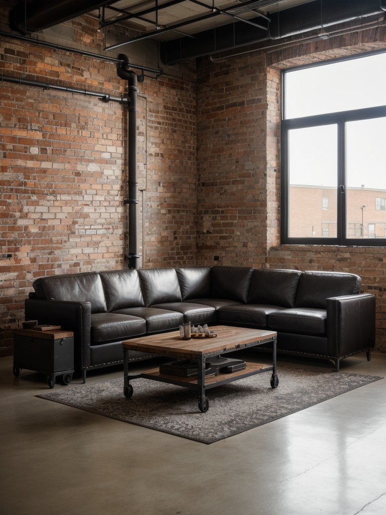 Industrial-inspired men's apartment living room with exposed brick walls, leather seating, and metal accents for a rugged and edgy feel.