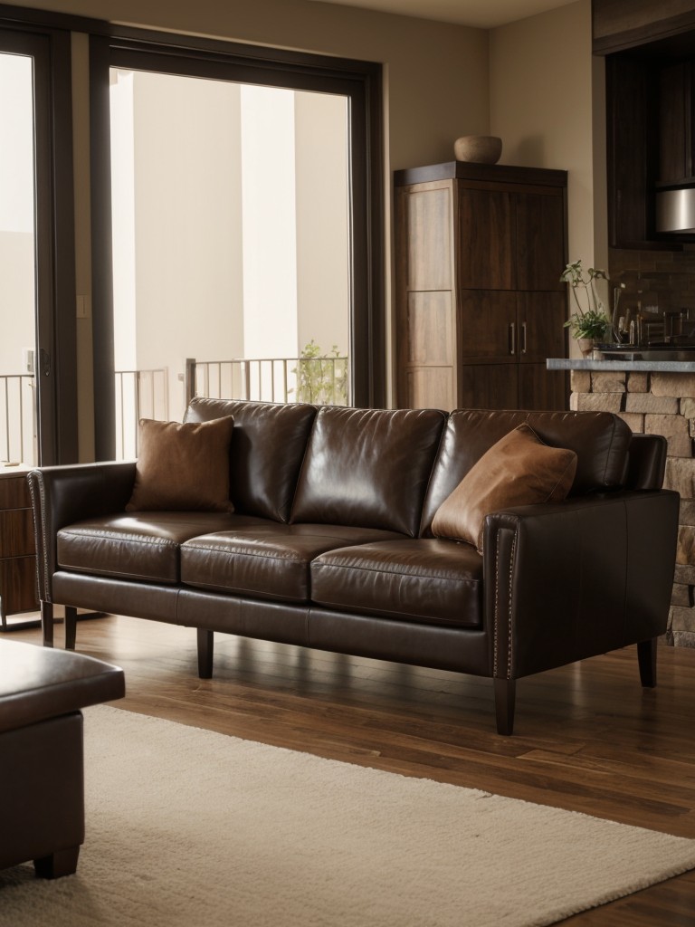 Masculine men's apartment living room with dark wood furniture, rich leather upholstery, and earthy color schemes for a sophisticated atmosphere.