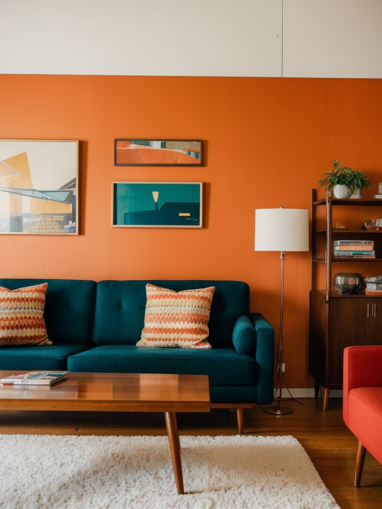 Mid-century modern men's apartment living room with vintage furniture pieces, bold patterns, and vibrant colors for a retro vibe.