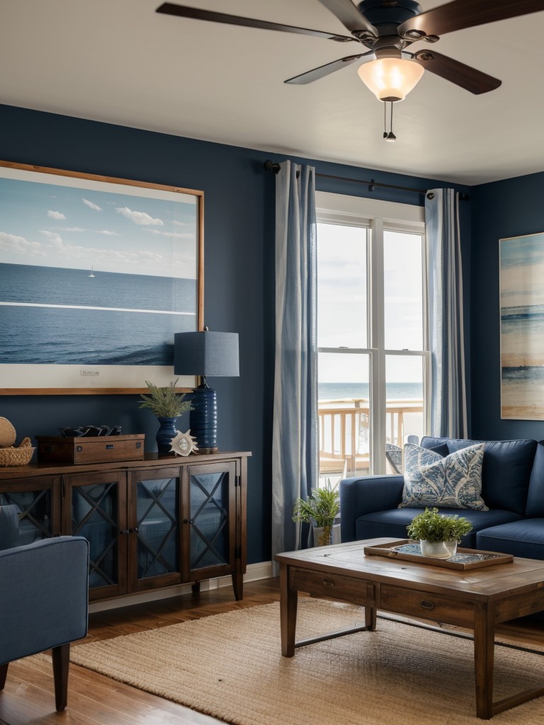 Nautical-inspired men's apartment living room with navy blue color schemes, rope accents, and beachy decor elements for a coastal feel.