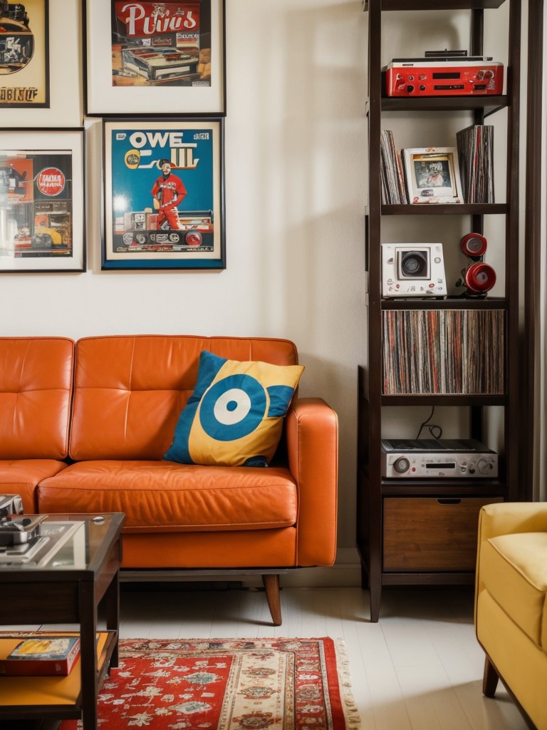 Retro-inspired men's apartment living room with vintage vinyl record collections, retro gaming consoles, and colorful pop art decor for a nostalgic feel.