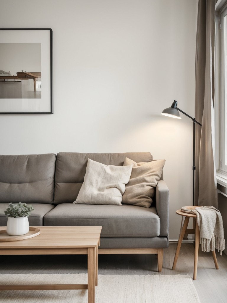 Scandinavian-inspired men's apartment living room with light wood furniture, neutral color palettes, and clean lines for a minimalist and cozy atmosphere.