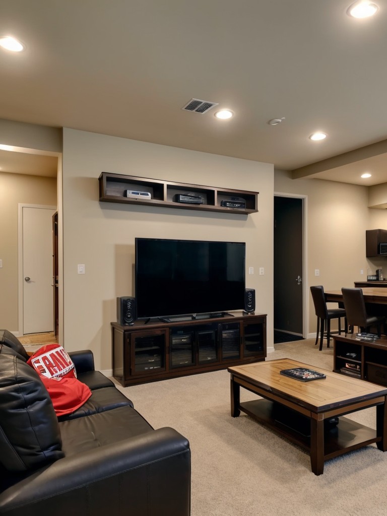Sports-themed men's apartment living room with sports memorabilia, game consoles, and a comfortable seating area for a dedicated entertainment space.