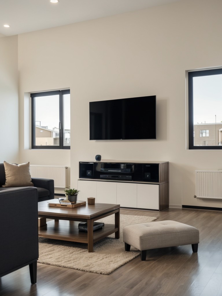Tech-savvy men's apartment living room with automated lighting, integrated sound systems, and a large flat-screen TV for a cutting-edge technology experience.