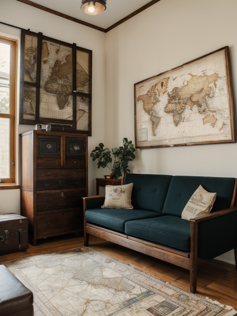 Travel-themed men's apartment living room with vintage maps, suitcase-inspired storage, and eclectic decor pieces to evoke a sense of adventure and wanderlust.