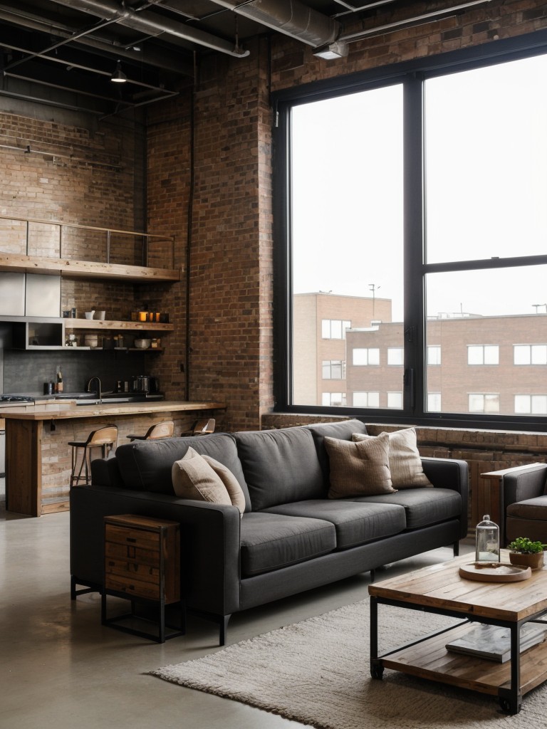 Urban loft-inspired men's apartment living room with industrial furniture, raw materials, and plenty of open space for a trendy and spacious environment.