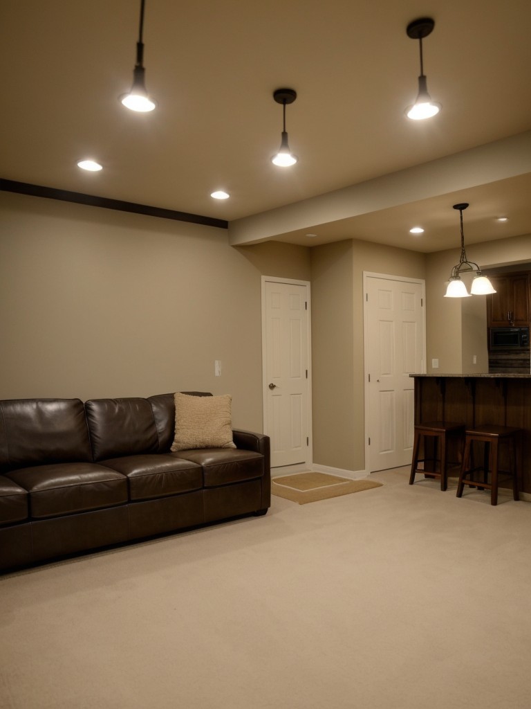 Install proper lighting fixtures to brighten up the basement and make it feel more inviting and cozy.