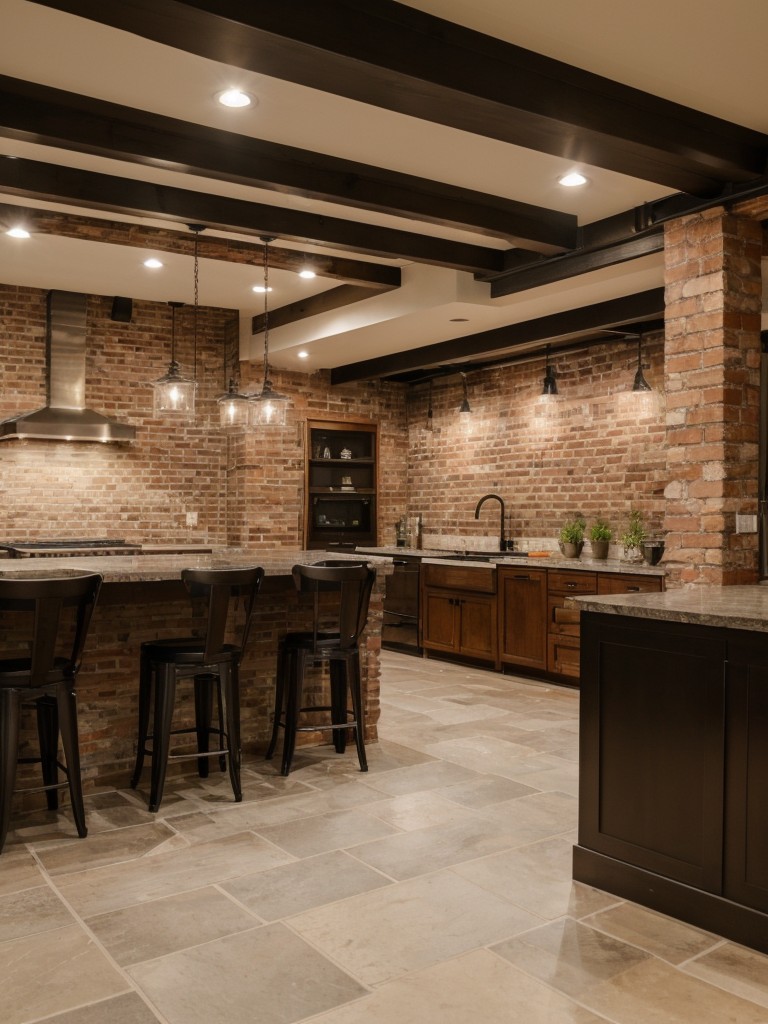 Take advantage of any exposed brick or unique architectural elements in the basement and highlight them as design features.