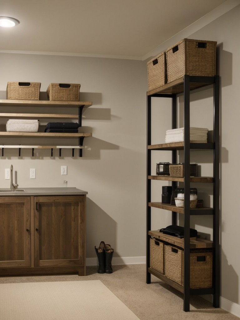 Use vertical storage solutions such as wall-mounted shelves or hanging organizers to maximize storage space in a basement apartment.