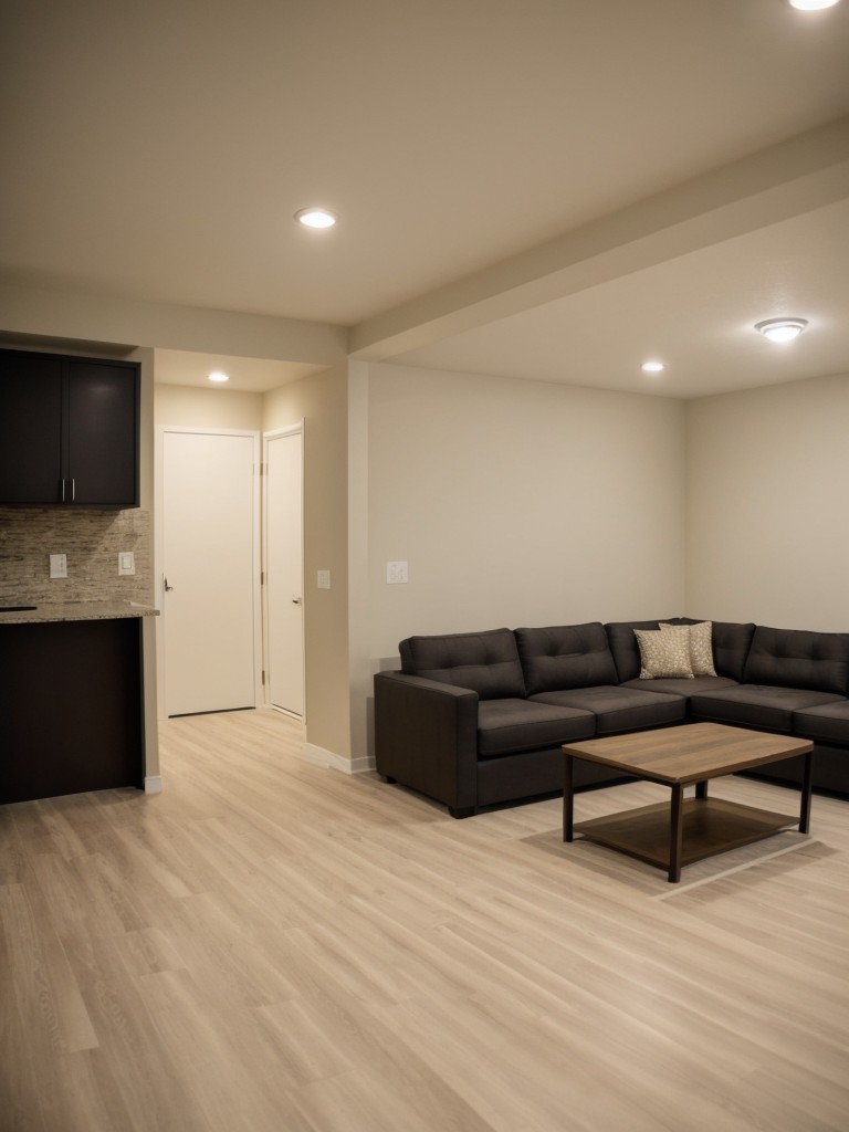 Create designated zones within the basement apartment, such as a living area, work area, and sleeping area, to maximize functionality.