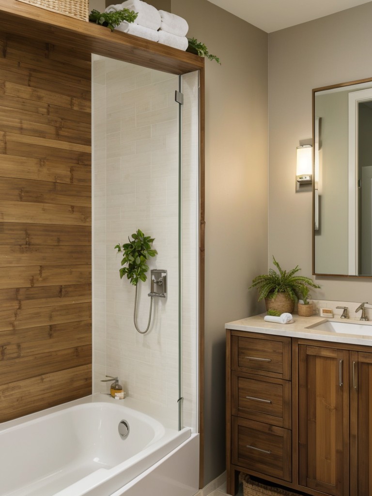 Embrace natural elements like plants or a bamboo mat to bring a calming and refreshing atmosphere to the small bathroom space.